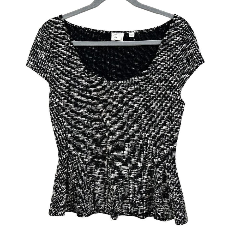 Anthropologie 9-H15 Stcl Women Top Blouse Cap Sleeve Flare Hem Black White Sz M*
